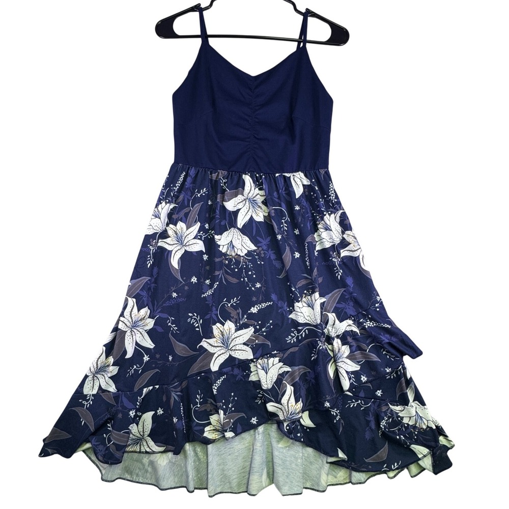iHot‎ Dress Women's Small Navy Blue Floral Lily High Low Ruffle Midi Summer Boho